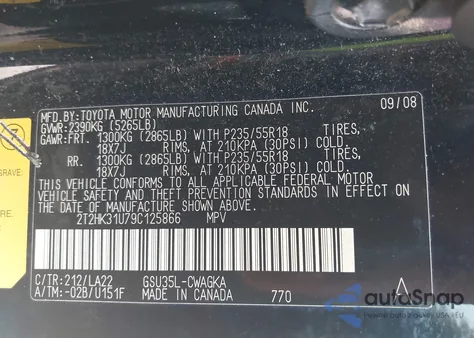 2009 Lexus Rx 350 z USA, uszkodzony, nr VIN 2T2HK31U79C125866